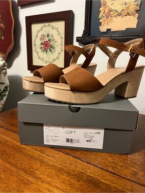 LOFT Cognac Suede Platform Sandals with Wood Block Heel